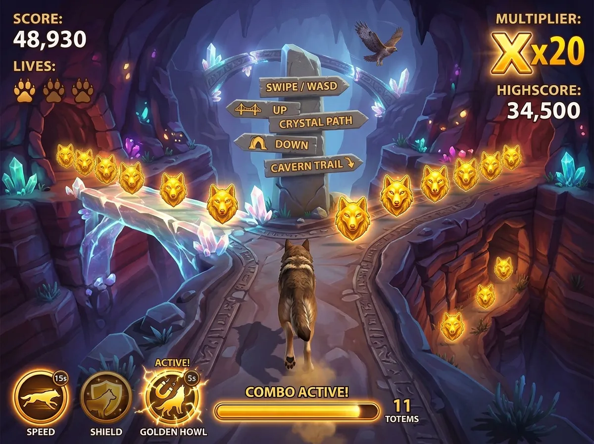 Concept art: a wolf running along a carved path through a cave full of glowing crystals, golden totems on either side