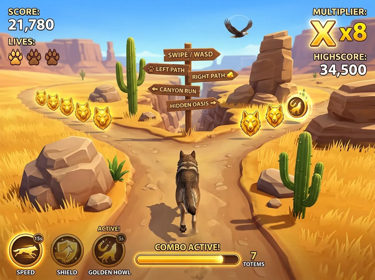 Concept art: a wolf at a desert crossroads between cacti and boulders, with a Golden howl bonus floating on the right branch