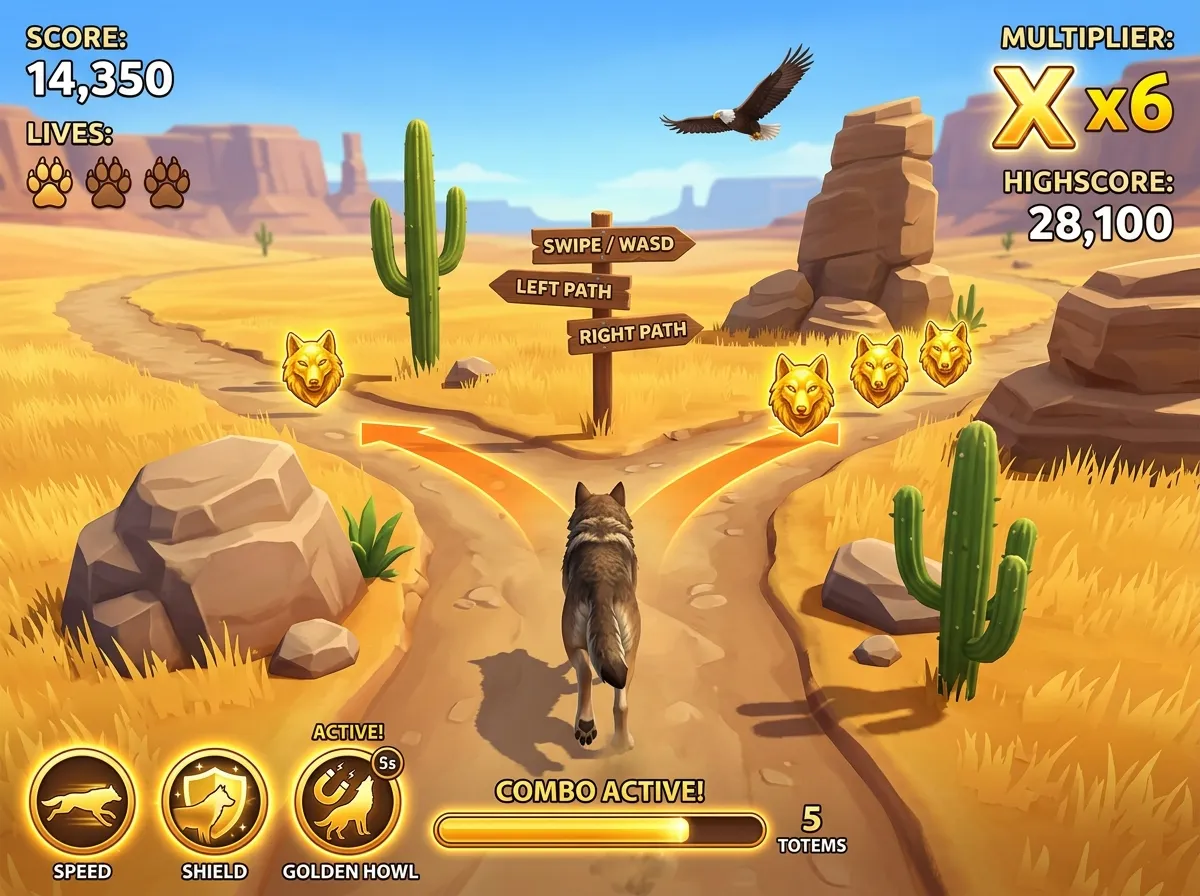 Concept art: a grey wolf runs towards a fork in a prairie trail, with golden wolf totems along both branches and a signpost in the middle