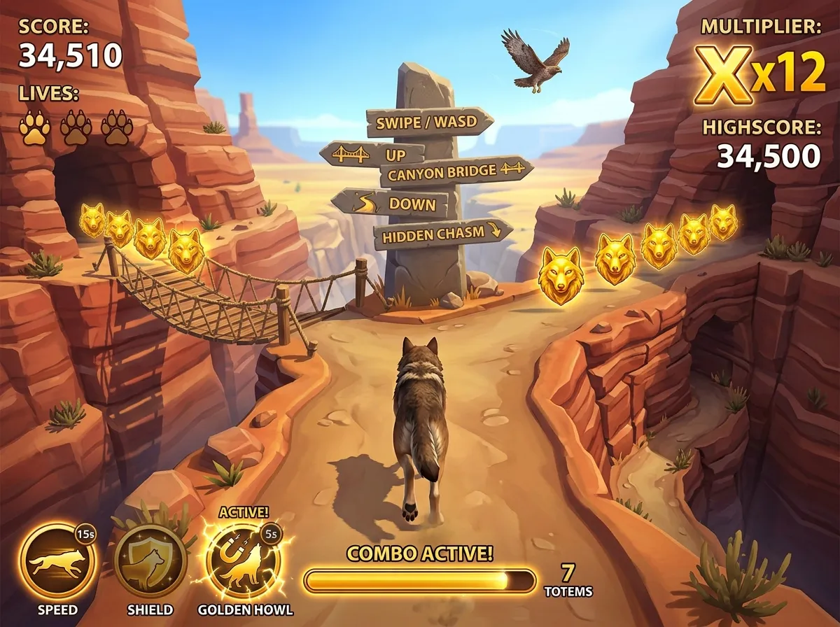 Concept art: a wolf running through a red sandstone canyon towards a rope bridge lined with golden totems, an eagle overhead