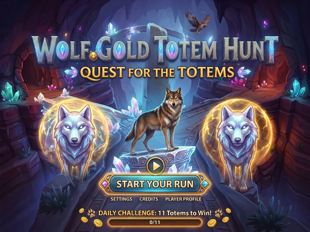 Concept art: the Wolf Gold: Totem Hunt title screen, a wolf on a carved stone between two glowing spirit wolves in a crystal cave