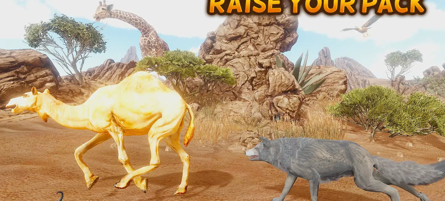 A wolf running through a sunlit desert canyon, captured in the game The Wolf - Animal Simulator