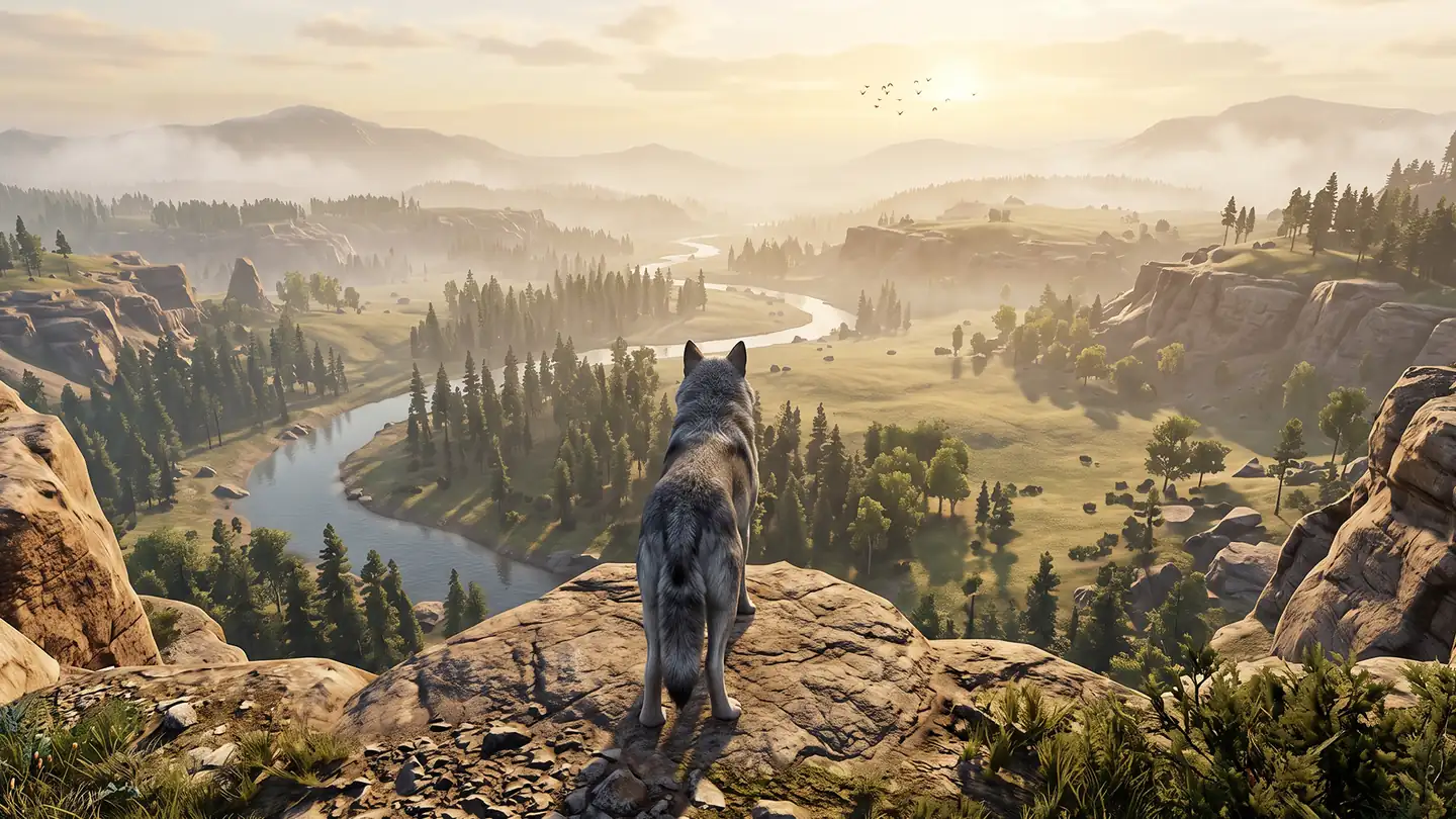 A wolf on a rocky overlook at sunset, captured in the game Wolf Simulator Animal 3D Game